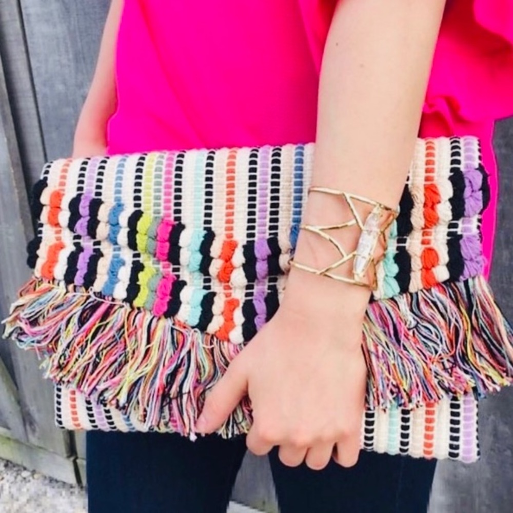 Stella & Dot | Boho Chic Colorful Macramé Rainbow Clutch - Picture 9 of 14